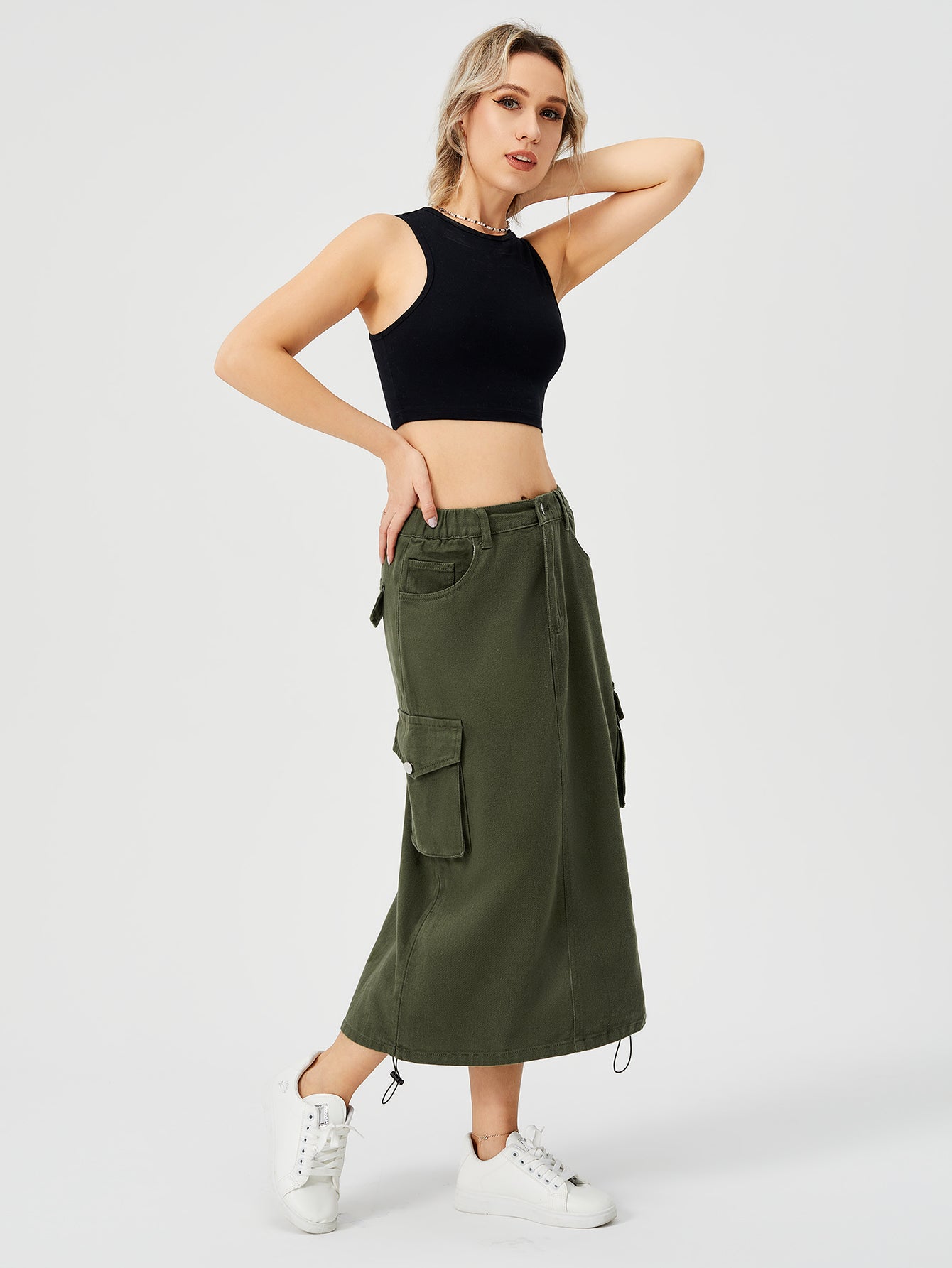 Women's Cargo Long Skirt Casual Streetwear Loose High Waist Front Split Maxi Skirt With Pocket Women's Cargo Long Skirts High Waisted Pencil Skirt Midi Length Jean Skirt With Cargo Pockets