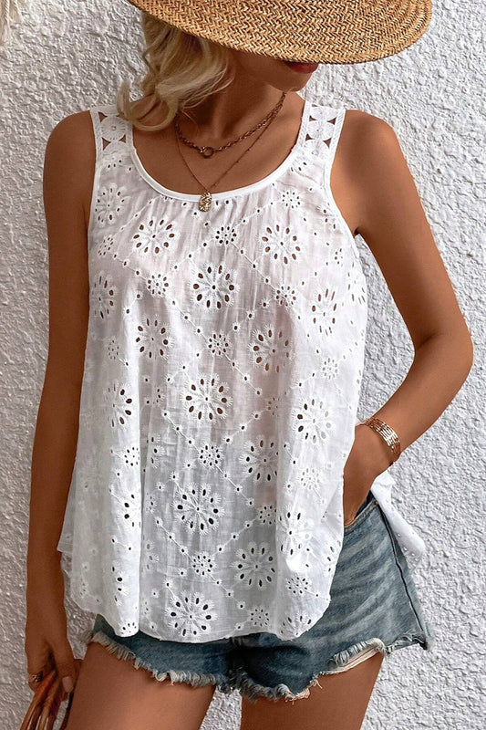 Eyelet Round Neck Wide Strap Tank