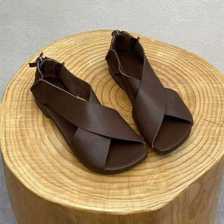 Handmade Artistic Retro Peep Toe Soft Flat Bottom Soft Leather Women's Sandals