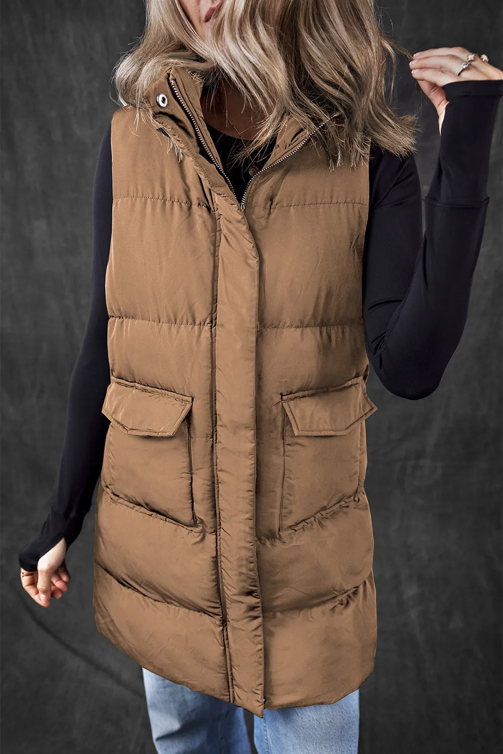 Pocketed Zip Up Vest Coat