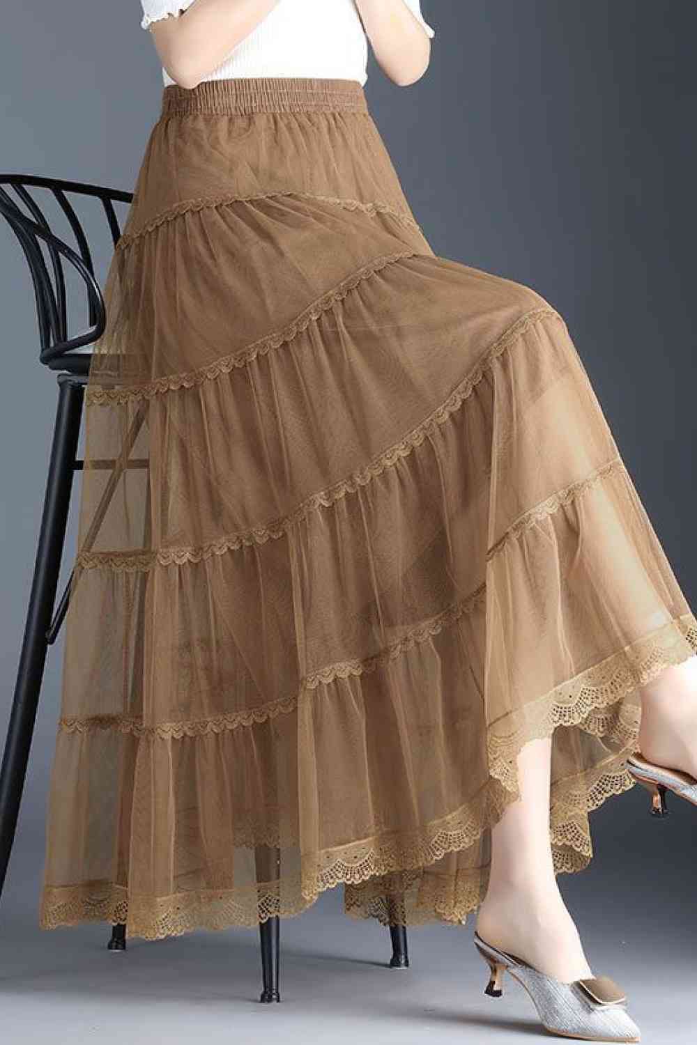 Smocked Lace Trim Midi Skirt