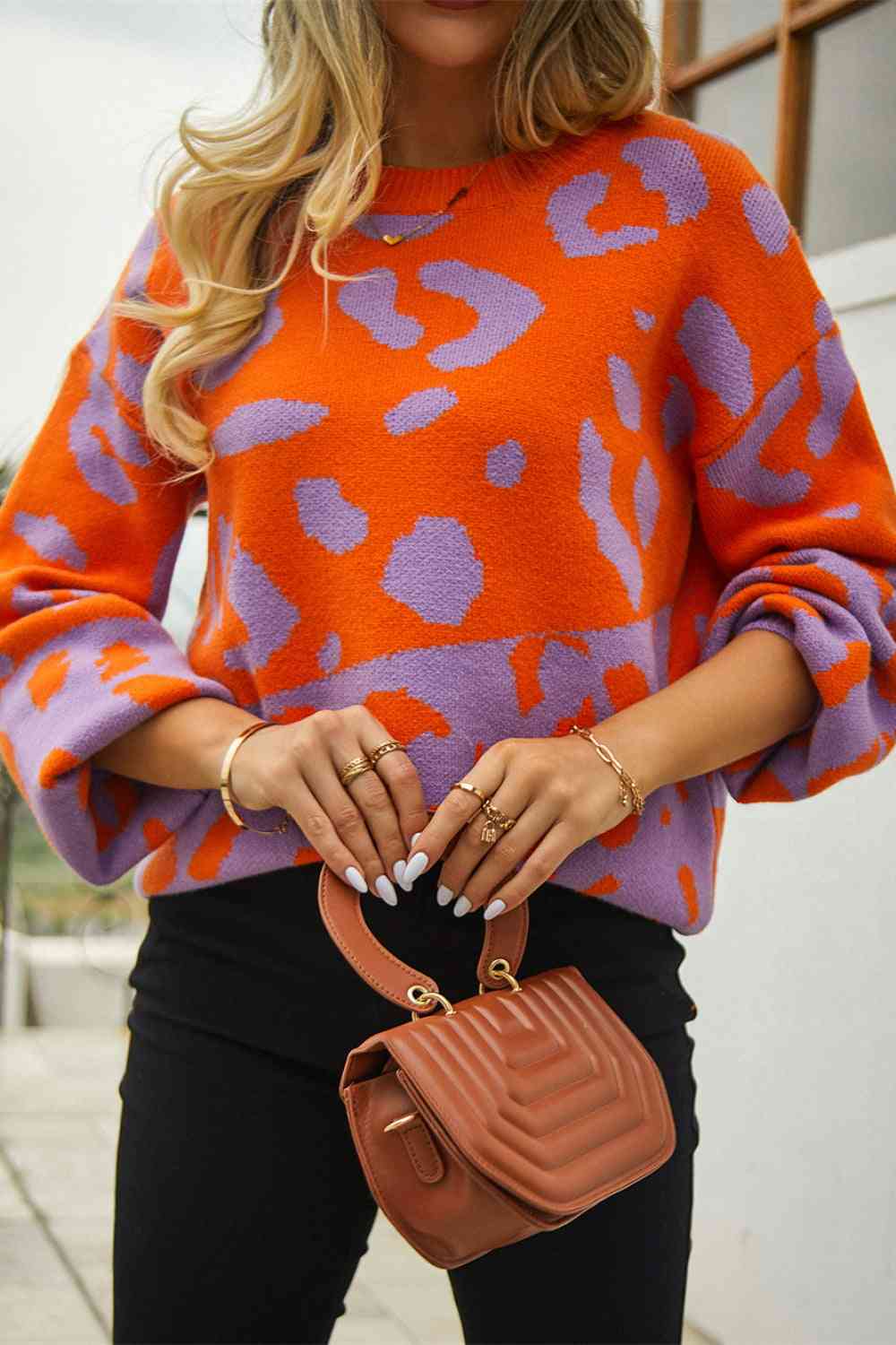 Woven Right Leopard Round Neck Dropped Shoulder Sweater