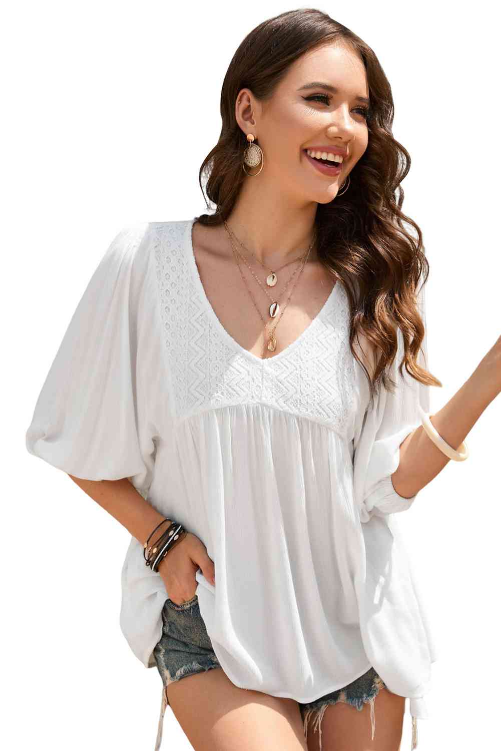 Double Take V-Neck Half Sleeve Blouse with Pockets