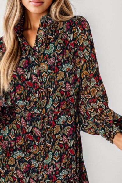 Printed Notched Long Sleeve Dress