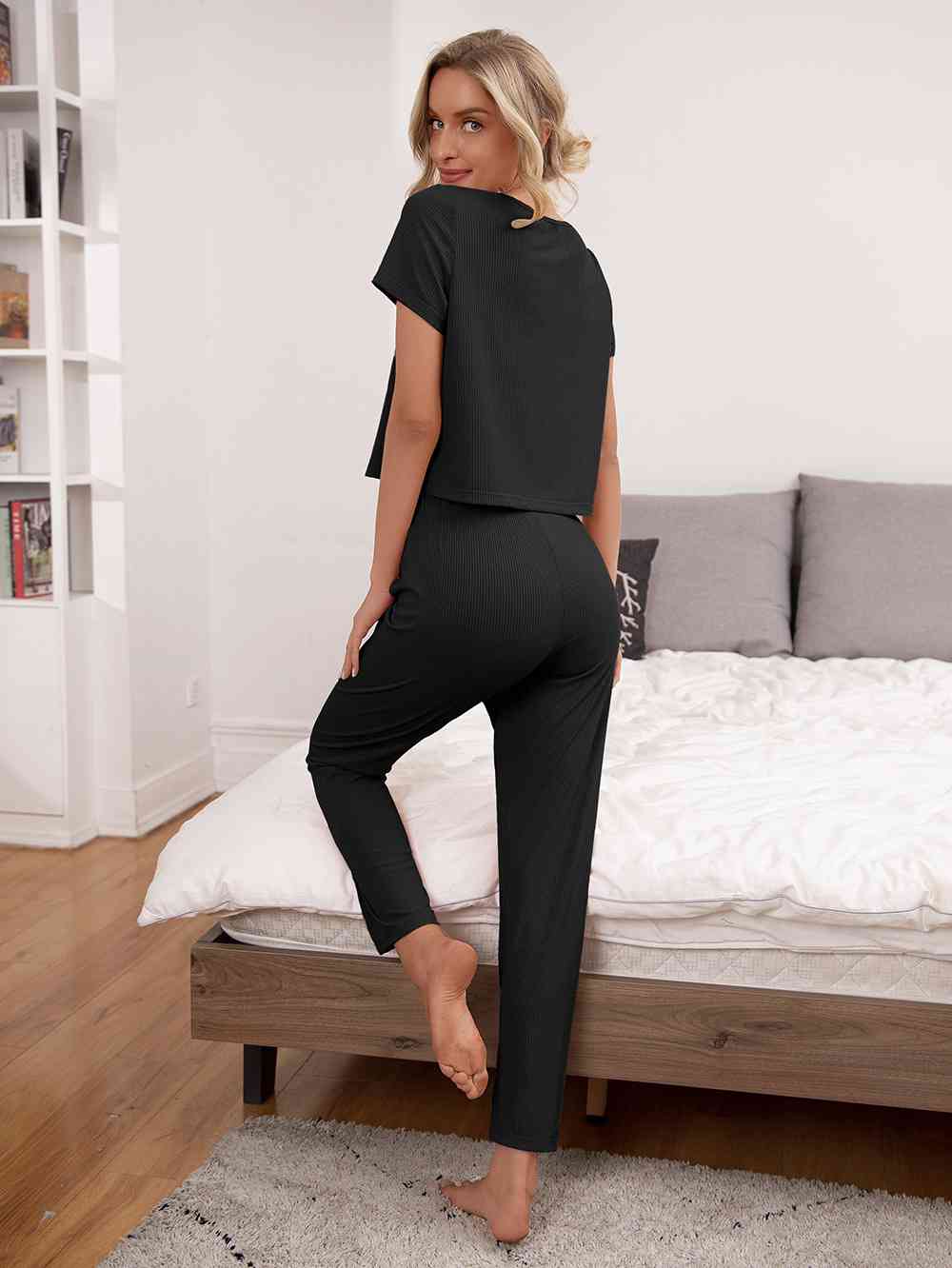 Round Neck Short Sleeve Top and Pants Lounge Set
